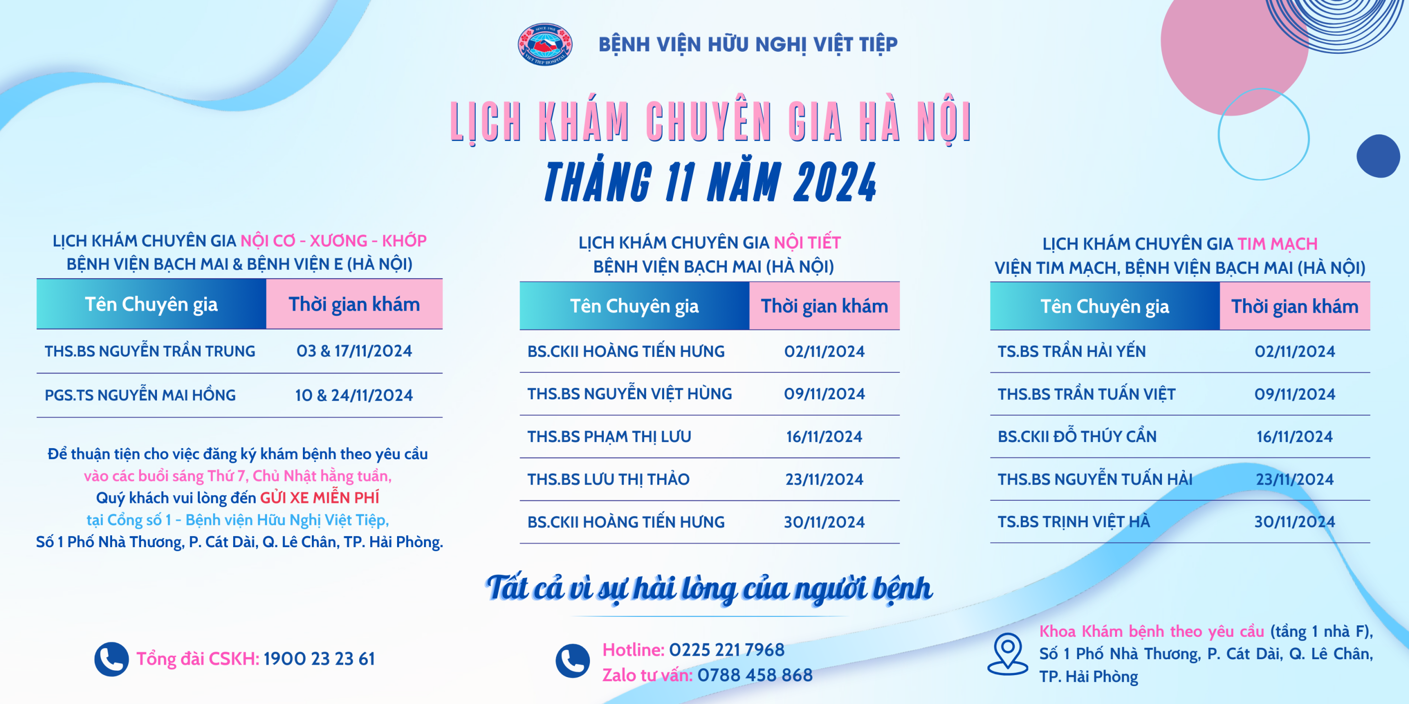 LỊCH KHÁM CHUYÊN GIA HÀ NỘI THÁNG 11 NĂM 2024 TẠI BỆNH VIỆN HỮU NGHỊ VIỆT TIỆP